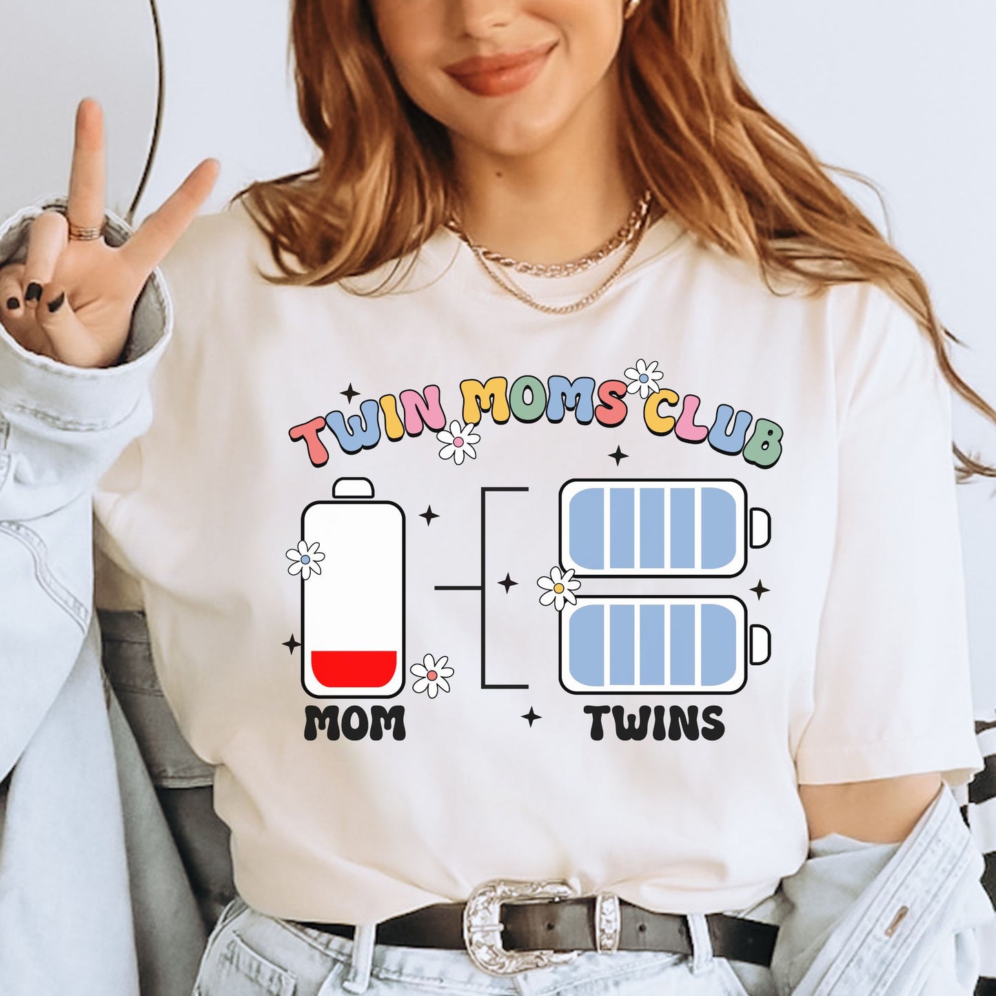Twin Mom Club Battery Tee Funny Relatable Shirt for Twin Moms