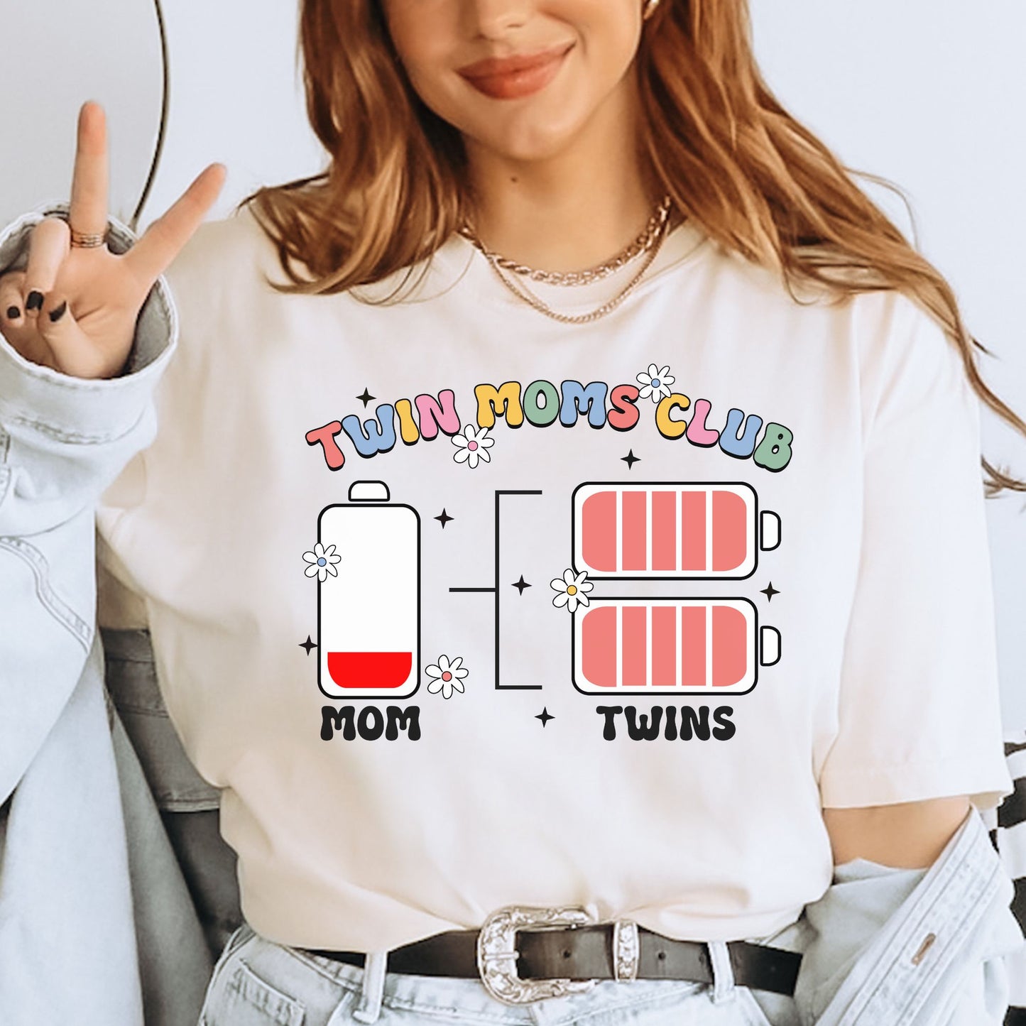 Twin Mom Club Battery Tee Funny Relatable Shirt for Twin Moms