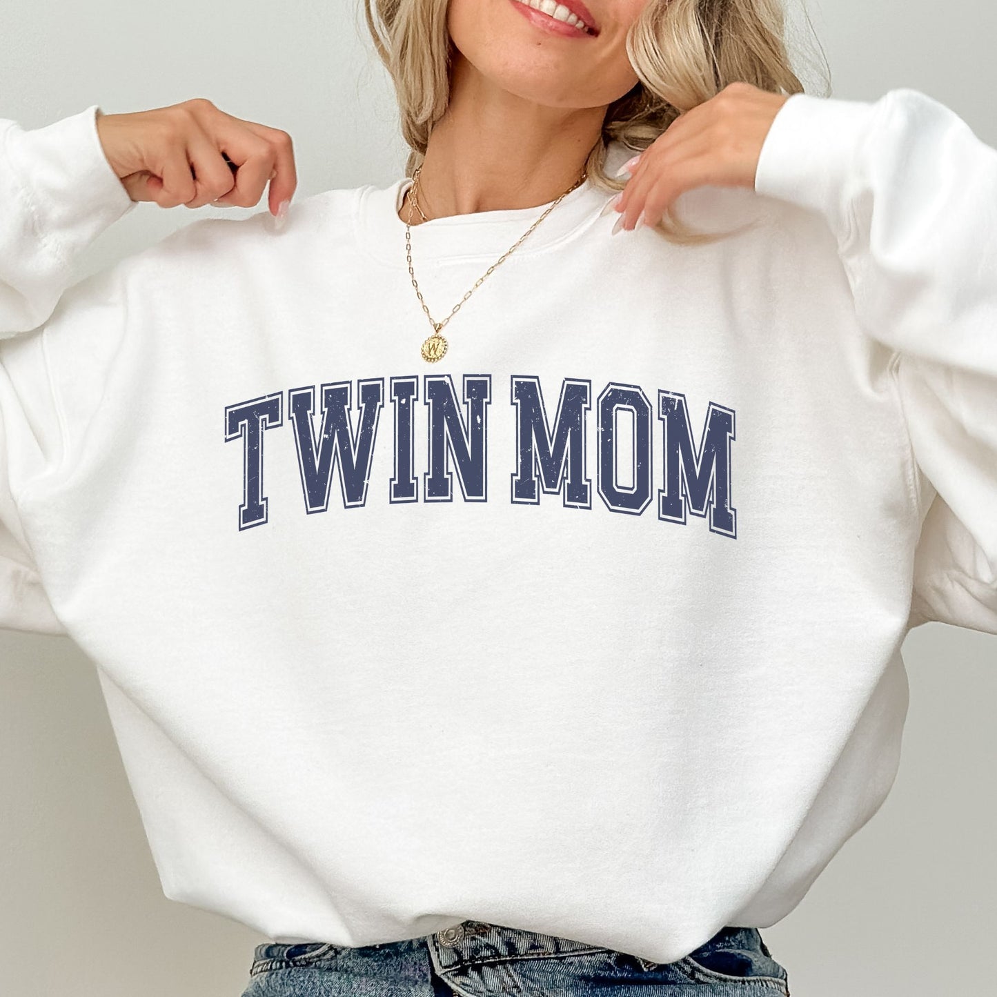 Distressed Varsity style TWIN MOM White Sweatshirt