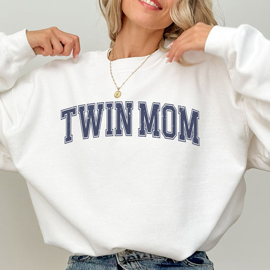 Distressed Varsity style TWIN MOM White Sweatshirt