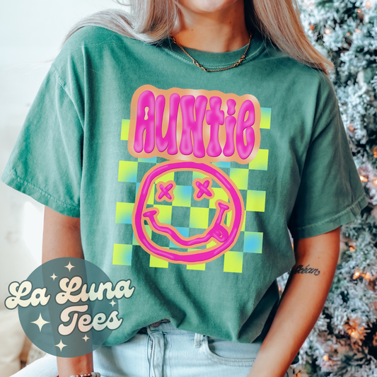 Auntie Neon Smiley Face Checkered Trendy Tshirt