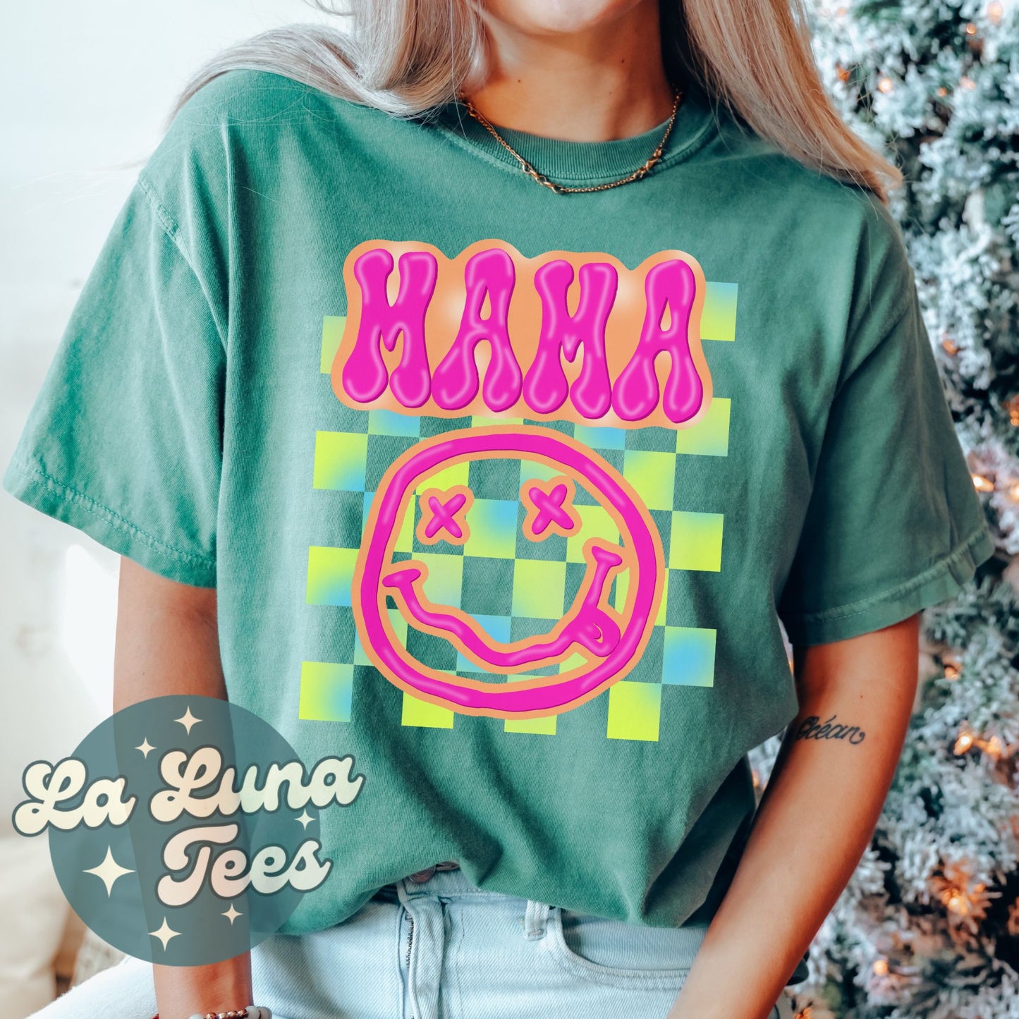 Mama Neon Smiley Face Checkered Trendy Tshirt