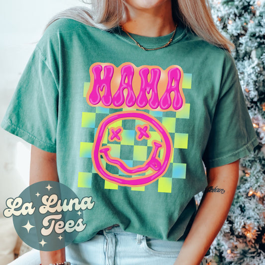 Mama Neon Smiley Face Checkered Trendy Tshirt