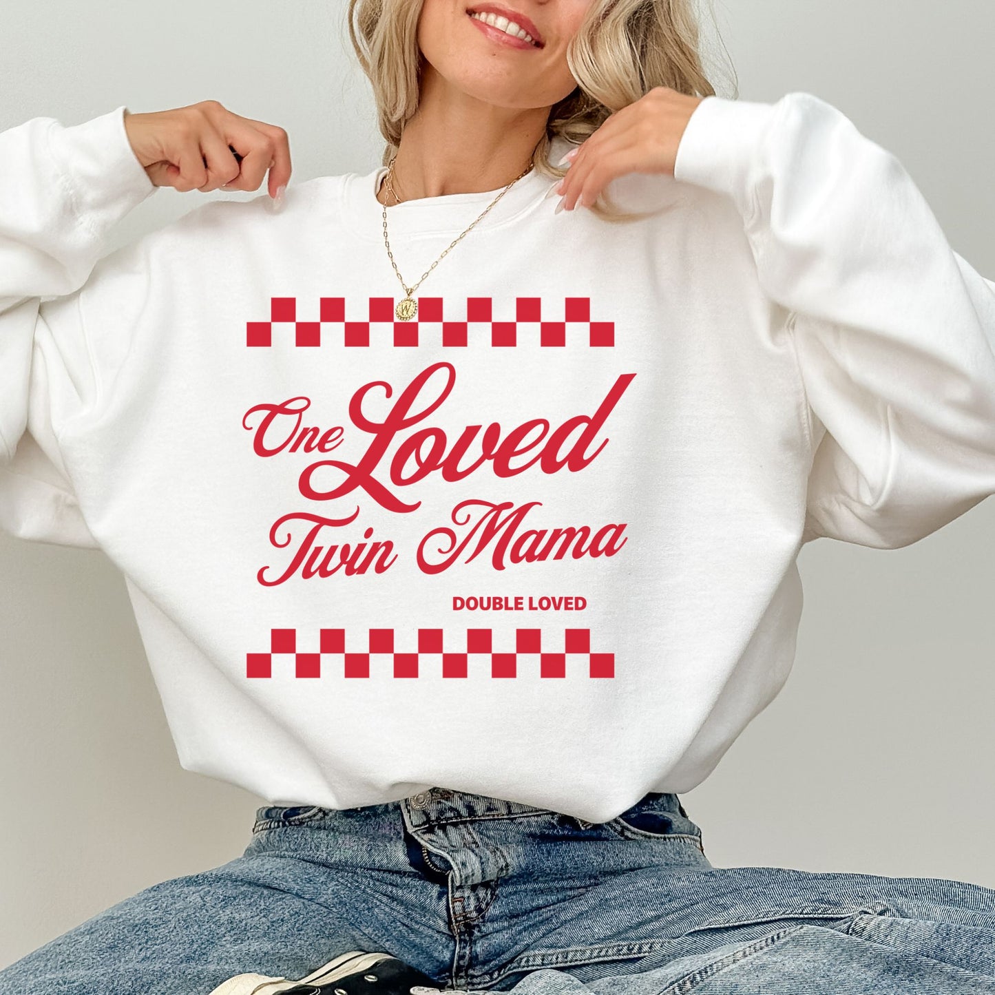 Retro One Loved Twin Mama Checkered Sweatshirt