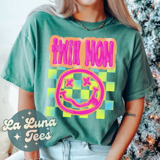 Twin Mom Neon Smiley Face Checkered Trendy Tshirt