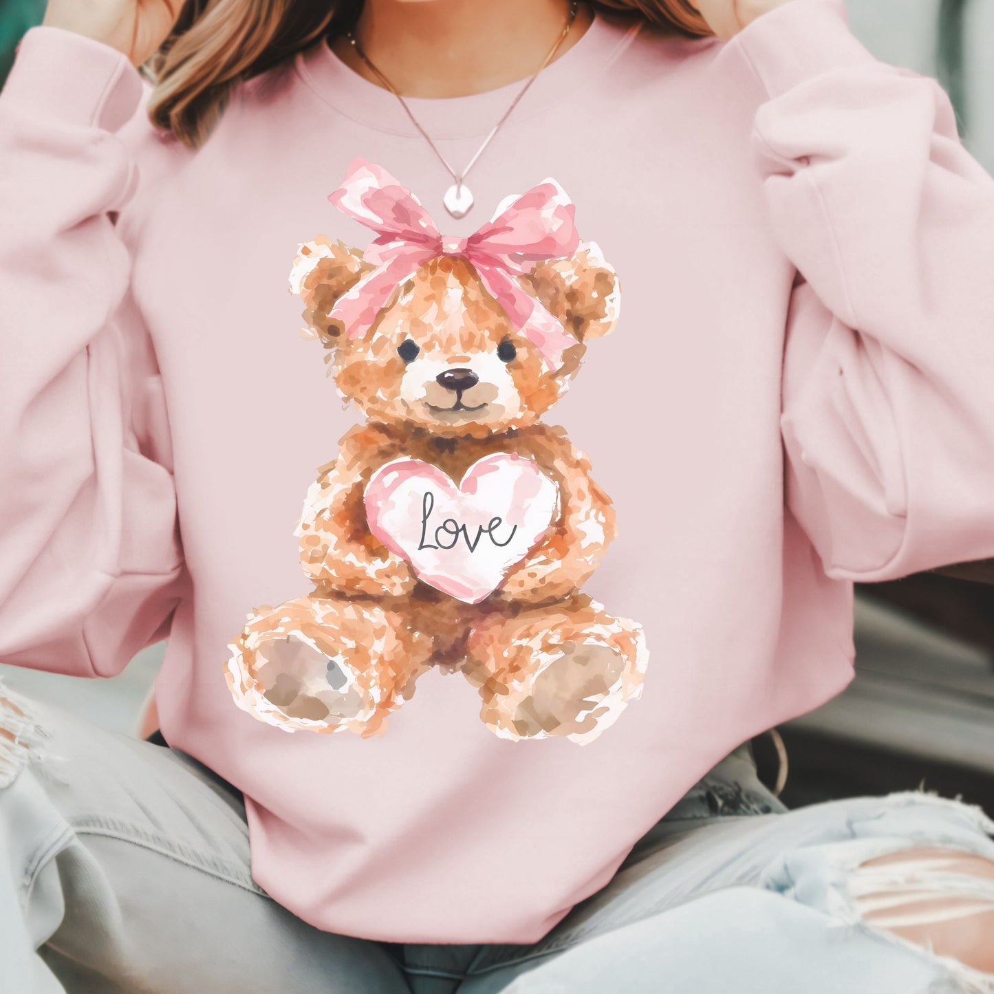 Watercolor Bow Love Bear Sweatshirt