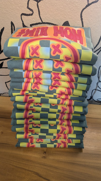 Twin Mom Neon Smiley Face Checkered Trendy Tshirt
