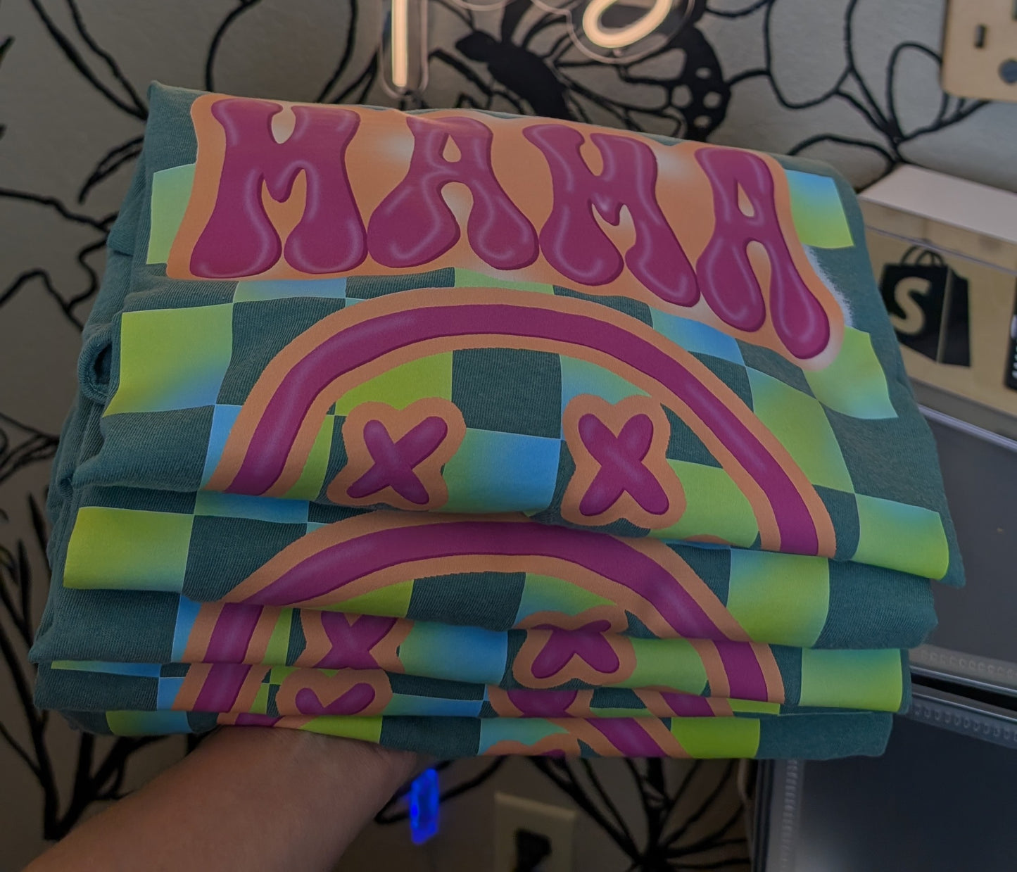 Mama Neon Smiley Face Checkered Trendy Tshirt